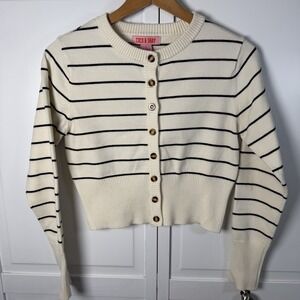 Coco‎ & Shay Sweater Women's XL Cropped Striped Cardigan Preppy Cream Navy